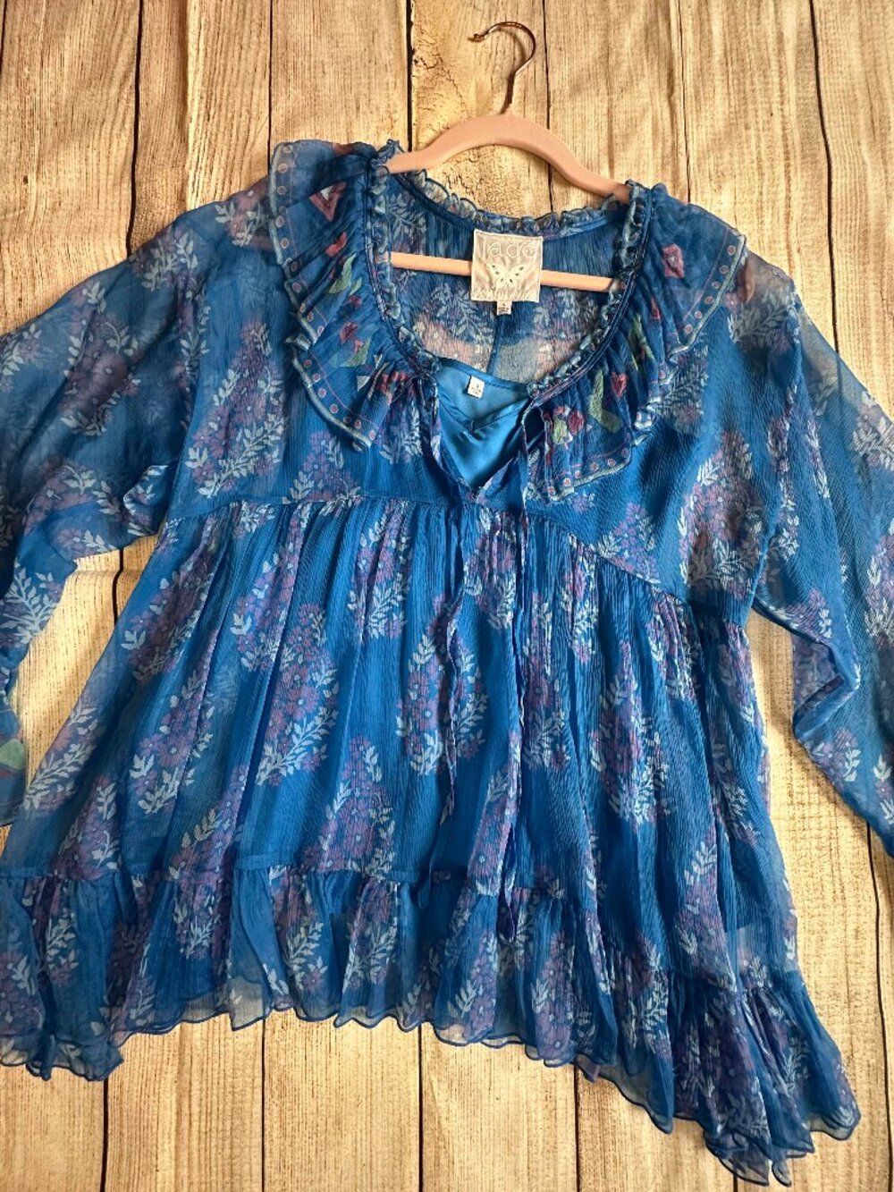 Johnny Was Jade Blue Floral Silk Ruffle Peasant Blouse Tunic Sz. Small - Picture 3 of 5